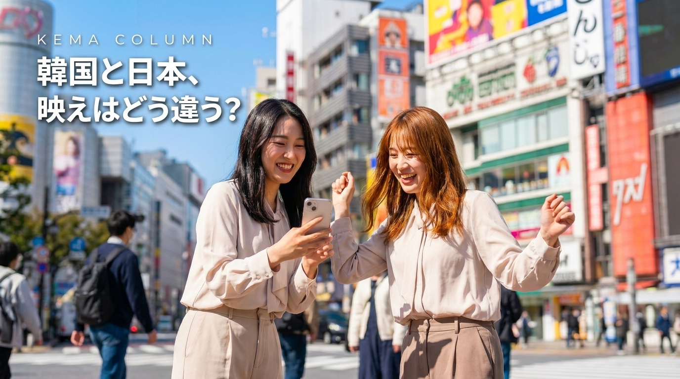 渋谷の街で写真を撮り合う二人の韓国人女性